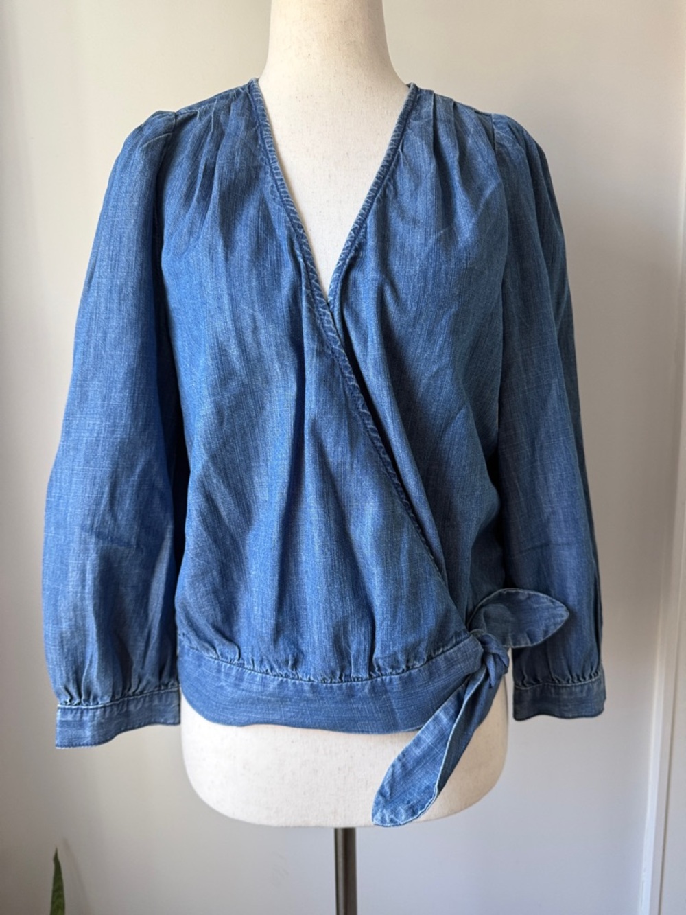 Madewell Blue Denim Wrap Tie Blouse